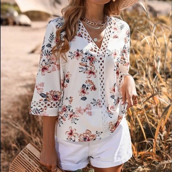 Boho Floral Sheer Mesh Lace Insert Top Blouse Green - Picture 2 of 10